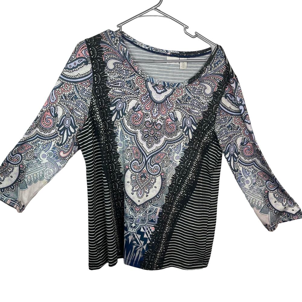 Chico's Zenergy knit blouse tunic top women's 12 vanity sz 2 paisley on white